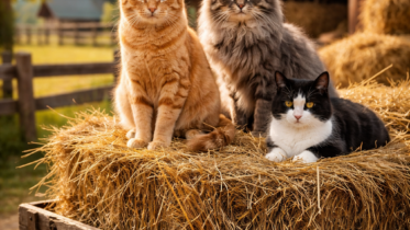 Bauernhofkatzen - Drei Katzen auf dem Heuwagen