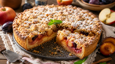 Prassel-Bauerntorte mit Apfel- und Pflaumenkompott