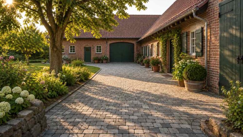 Gepflasterter Hof und Einfahrt eines Bauernhauses